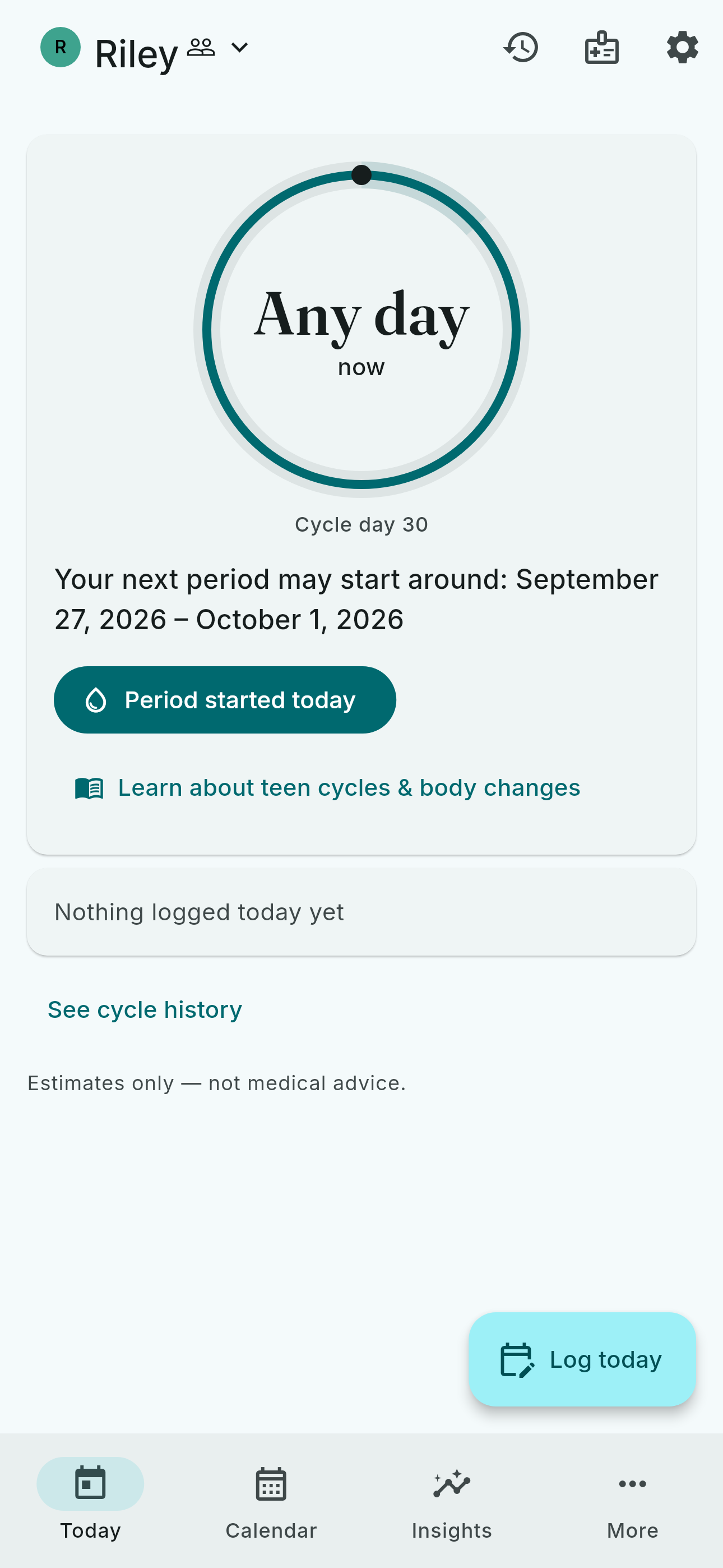 The Today screen at the learning tier: a range estimate with its confidence framing.