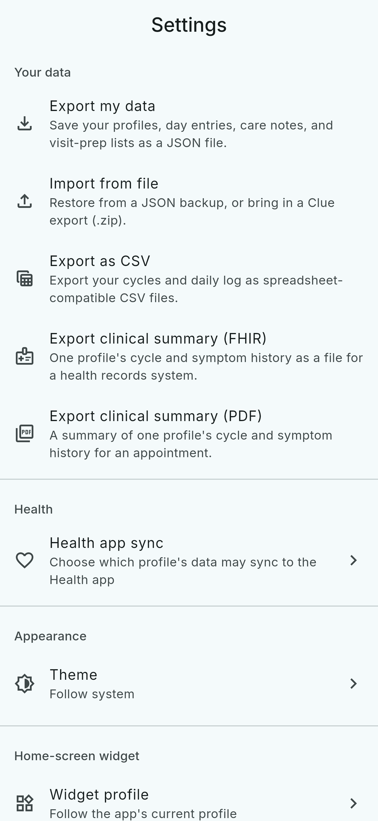 Settings — Your data, with the export and restore entry points.
