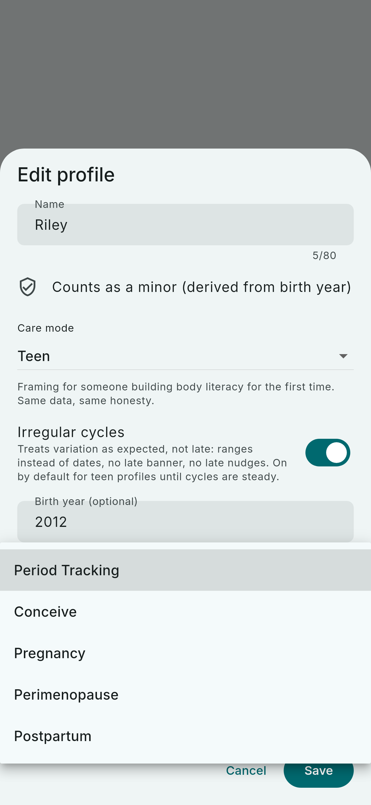 The profile editor's life-stage mode chooser, open, with the five modes listed.