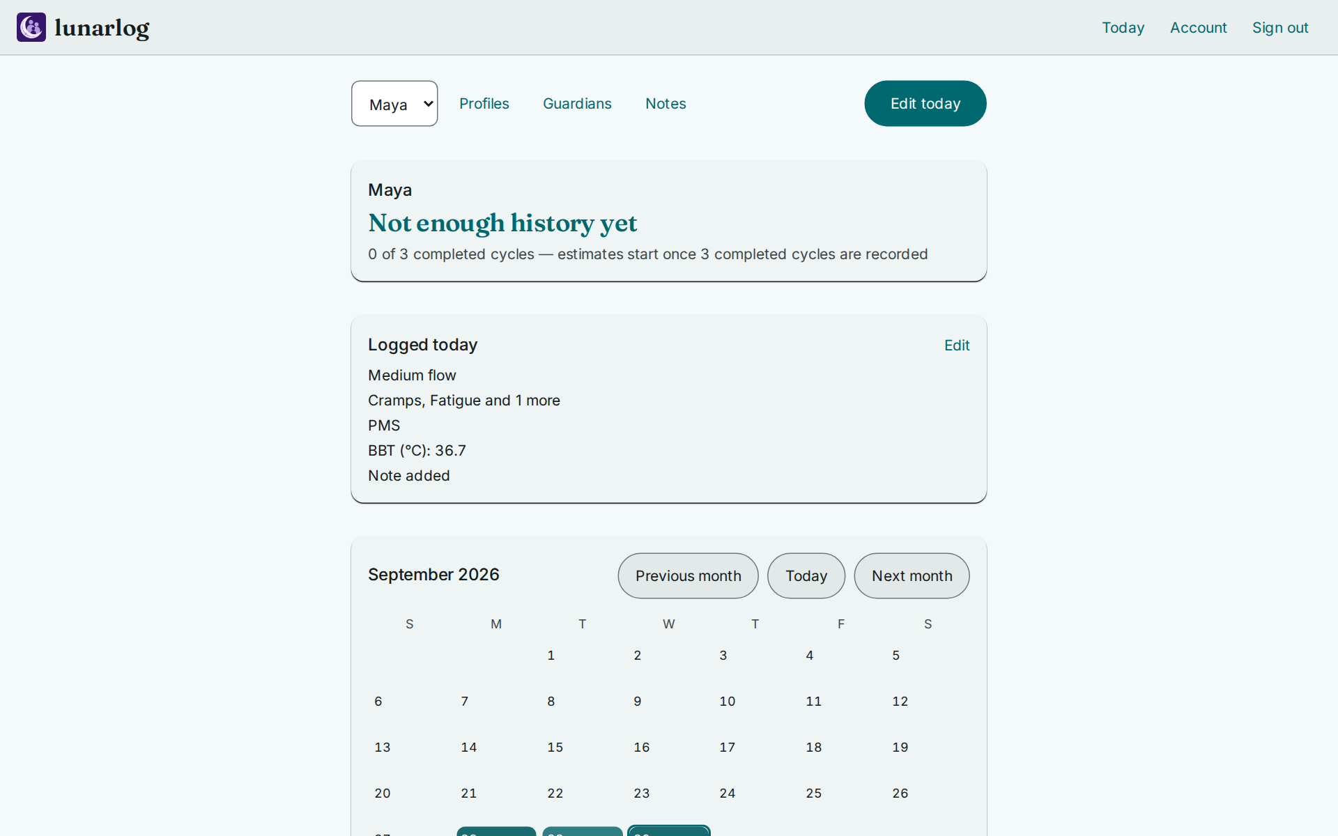 The browser version's signed-in home: the profile's cycle day and estimate, a card of what was logged today, and the shared month calendar.