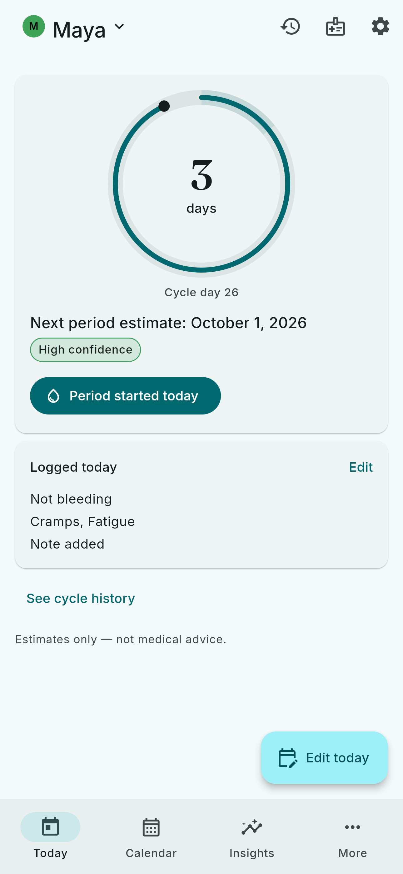 The lunarlog Today screen: the cycle day, the estimate for the next period with its confidence tier, and a card listing what was logged today.
